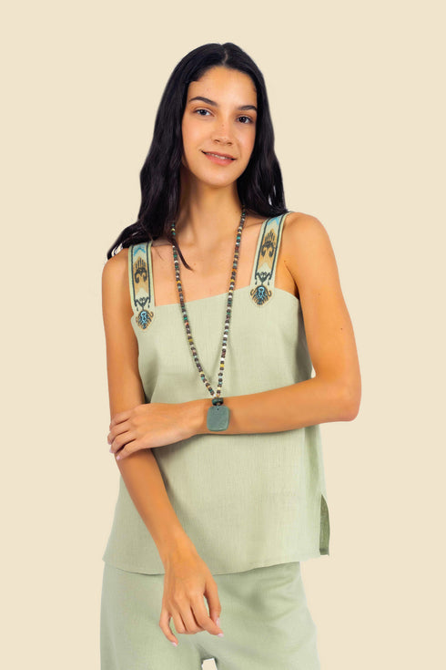 Embroidered short linen top